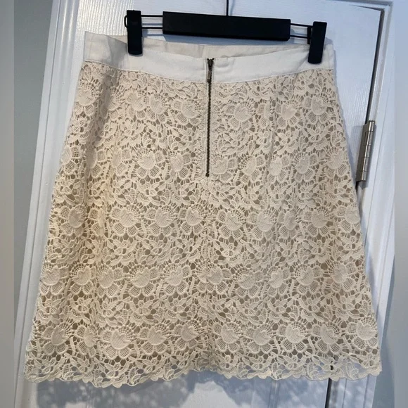 Loft Cream Cotton Ribbon Waist Floral Lace Mini Skirt Zip Lined Size 6 - Picture 5 of 10